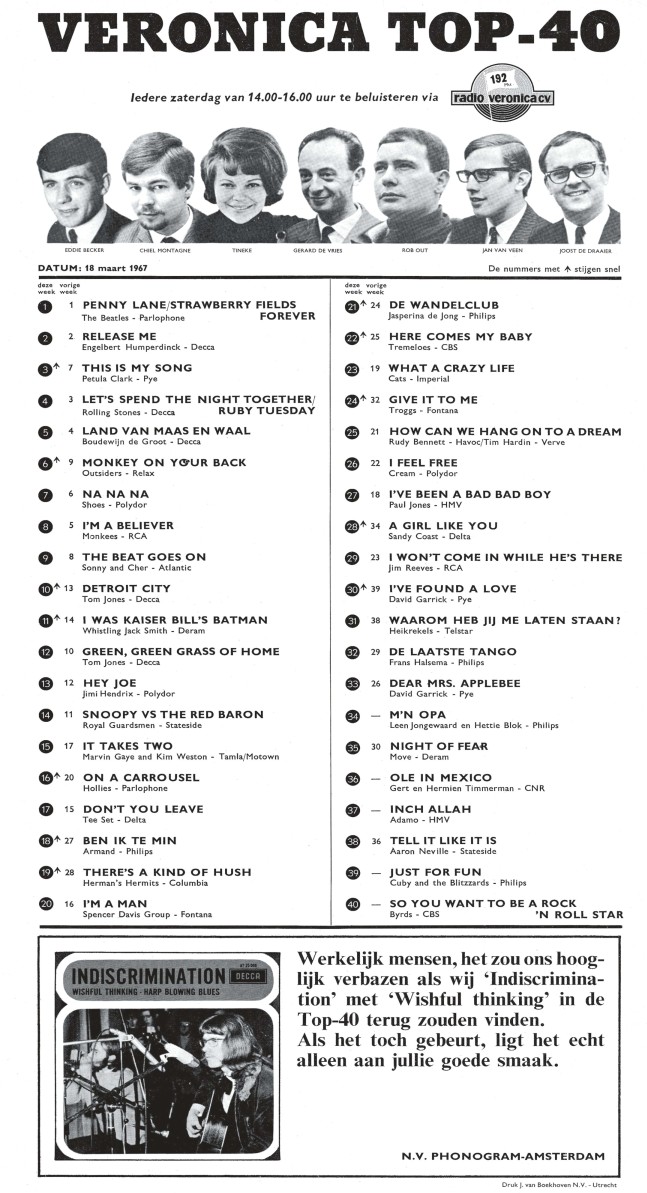 LIJST 'DE HISTORISCHE TOP40 VAN TOEN' - 18 MAART 1967