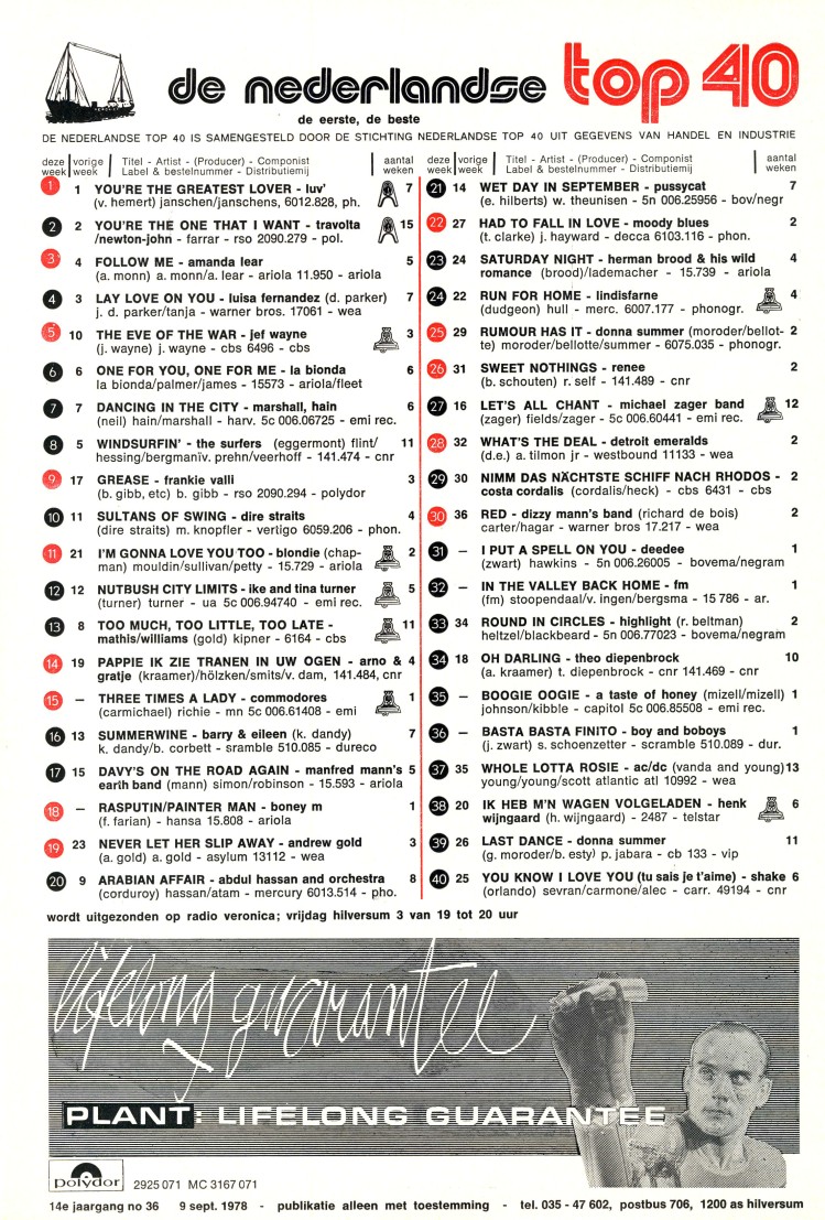 LIJST 'DE HISTORISCHE TOP40 VAN TOEN' - 9 SEPTEMBER 1978